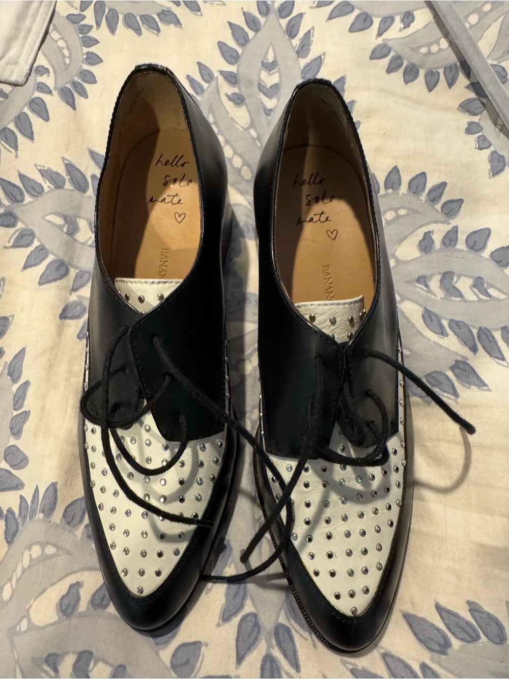 Women's Black and White Studded Lace-Up Oxford Shoes